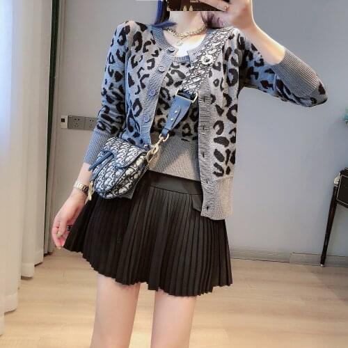 Cardigan and Vest 2 Piece Set Women 2021 Autumn O Neck Leopard Jacquard Knit Cardigan + Crop Sweater Vest Outfits for Women