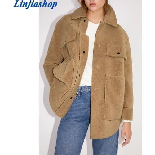 Women Boyfriend Style Brown Coats Jacket Loose Long Sleeves Pocket Ladies Elegant Autumn Winter Coat