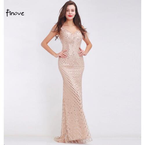 Finove Beading Champagne Evening Dresses 2020 New Arrival Sexy Big V-Neck Backless Elegant Floor Length Long Dresses for Women