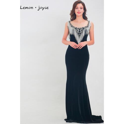 Lemon joyce 2020 New Style Black Illusion Evening Dress O-neck Floor Length Court Train Elegant Mermaid Lady Party prom Gown