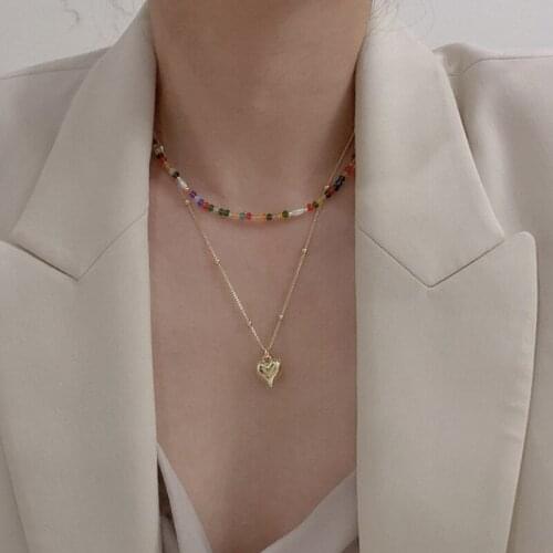 VSnow Korean Vintage Double-Layer Love Heart Pendant Necklace for Women Girls Multicolor Beaded Crystal Metal Necklace Jewelry