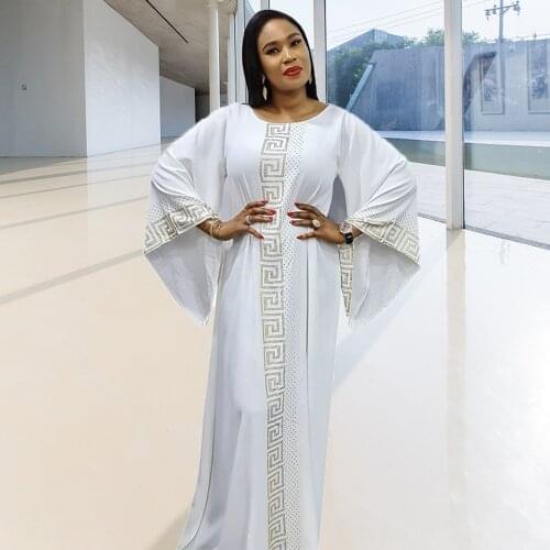 2021 New Arrival Africa Maxi Dresses Women Embellished with Yellow Crystal Stones Bat Sleeve Round Neck Plus Size Vestidos Robe