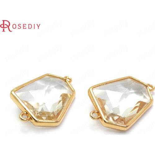 36400)6PCS 25x17MM 24K Champagne Gold Color Brass with White Glass 2 Holes Faceted Polygon Shape Connect Charms Pendants