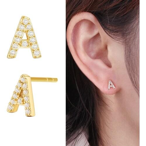 Small 26 English Letters Initial Earrings Gold Color Copper Cubic Zircon Stud Earrings For Women Girls Retro Ear Jewelry