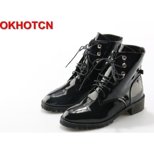 Ankle Boots For Women 2019 Autumn Winter Patent Leather Lace Up Ladies Shoes Black Short Western Martin Boots With Rivets Button