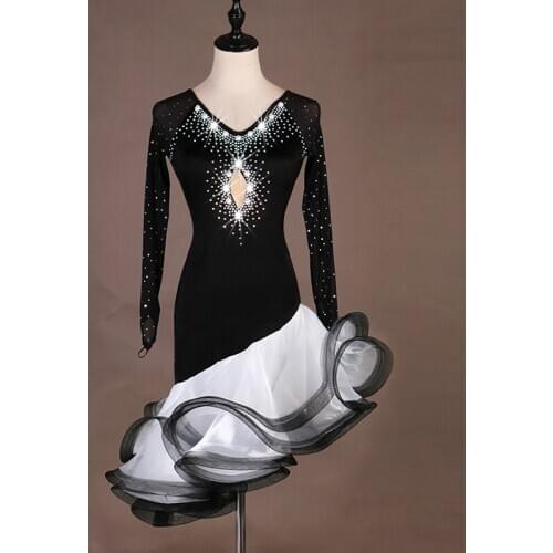 Black Latin Dance Dress Women Rhinestone Dress Stage Costume Shiny Ballroom Clothing Samba Dancewear Tango Dance Outfits JL2635