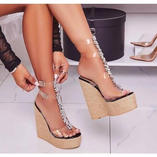 Dipsloot Girls Clear PVC Platform Wedge Sandals Summer Fashion Buckles Bling Bling Diamond Crystal High Heel Sandals Shoes Woman