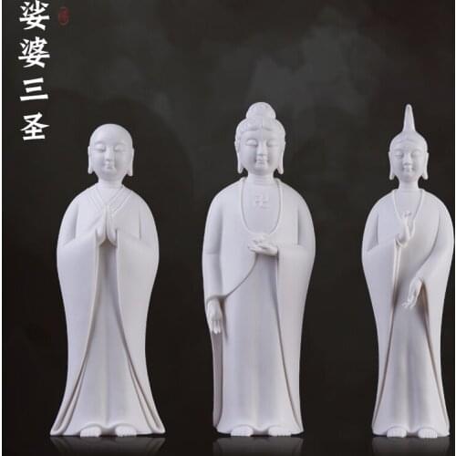 Feng Shui Chinese Three Saints Shakyamuni Buddha Bodhisattva Ksitigarbha Living Room Home Desk Decoration Statue Figurine Cerami