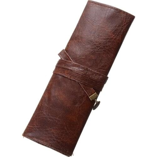 PU Leather Pencil Case Vintage Style Pencil Rollup Bag Pouch Pen Make Up Cosmetic Bag Holder For Stationery School Supplies