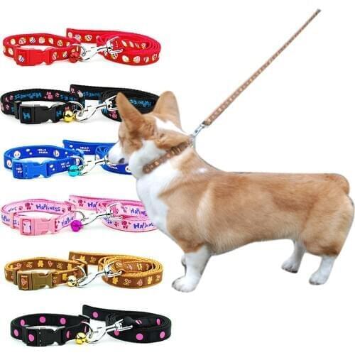 Dog Cat Collar Leash Adjustable Pet Collar Lead with Bell Pet Products for Small Medium Dogs Outdoor Walking Corgi Bulldog
