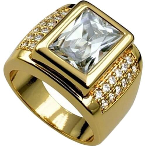 Fashion Punkboy Popular Gold Color Wide Face Inlaid Square Cubic Crystal Ring for Men Party Jewelry Male Accessories