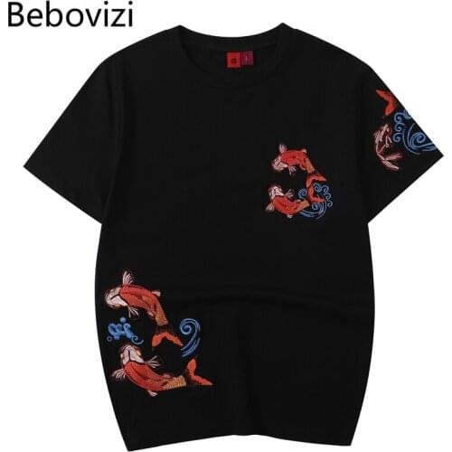 Bebovizi Fashion Japanese Style Fish Embroidery Tshirt Men Streetwear Harajuku T-Shirt Summer Chinese T Shirt Clothing