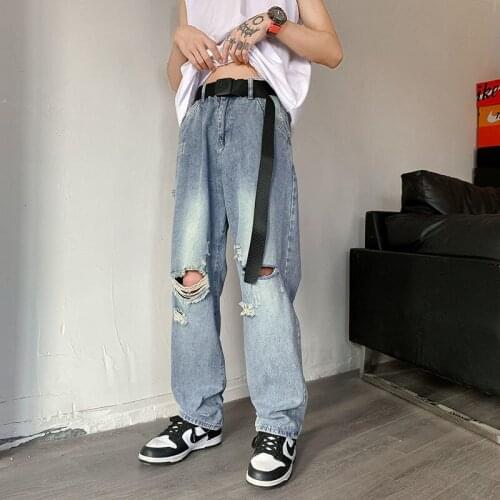 2021 Mens Loose Straight Pants Baggy Homme Classic Cargo Pocket Rock Jeans With Holes Biker Denim Streetwear Trousers M-2XL