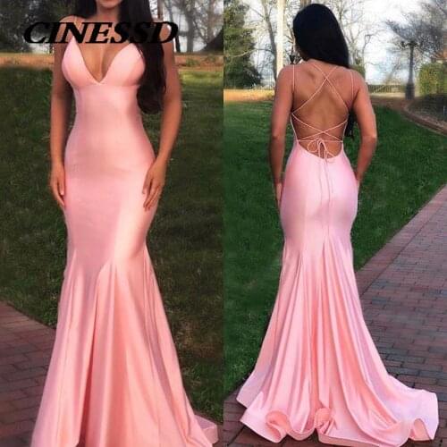 Sexy Deep V Neck Evening Dresses Long Backless 2021 Pink Mermaid Satin Evening Gown Formal Prom Dress Party Gown
