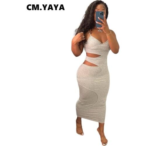 CM.YAYA Women Dress Solid Spaghetti Strap V-neck Hollow Out Sheath Elastic Long Dresses Sexy Night Party Dress Summer Outfit