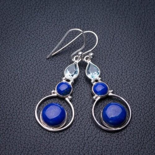 StarGems Natural Lapis Lazuli And Blue Topaz Handmade 925 Sterling Silver Earrings 1.75" E1276