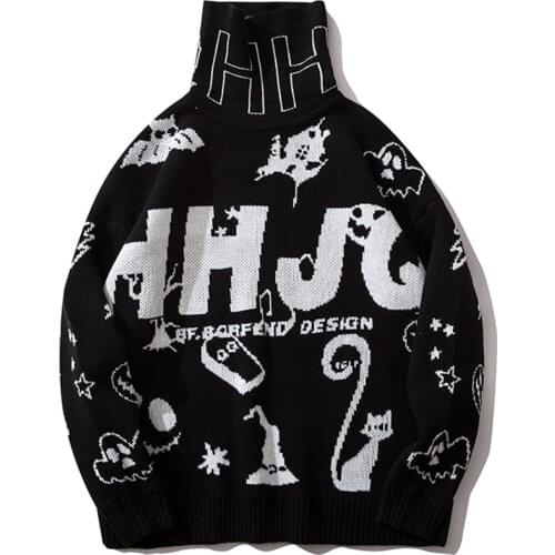 Harajuku Knitted Sweaters Cartoon Fun Letter Jacquard Dark Turtleneck Pullover Harajuku Hip Hop Street Loose Men Clothing homme