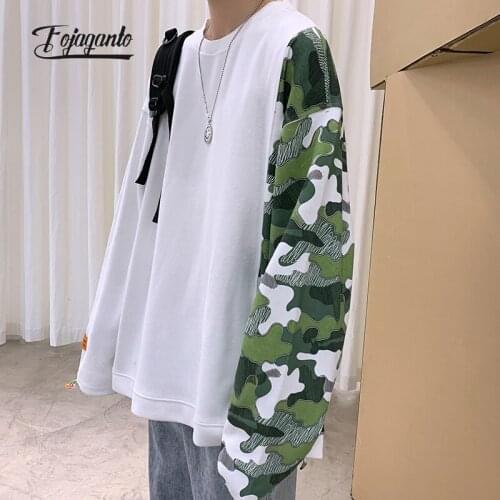 FOJAGANTO Mens Korean Sweatshirt Cotton Camouflage Stitching O-Neck Couple Pullover Hip Hop Street Loose Casual Sweatshirt Male