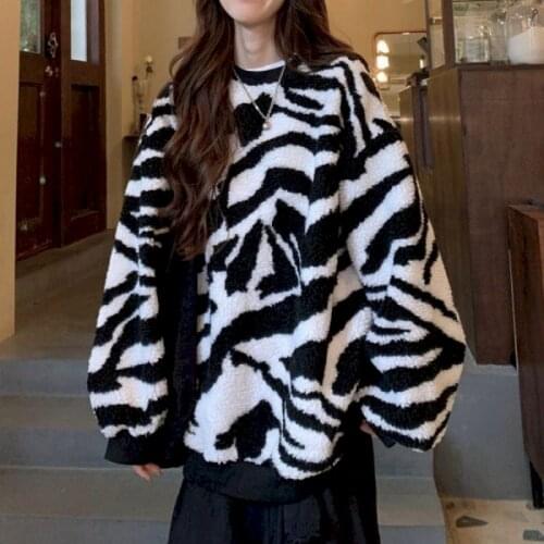 Sweatshirts Zebra Pattern Winter Plus Velvet Thickening Lamb Plush Round Neck Harajuku Bf Wind Loose Coat Jacket Sweater Full