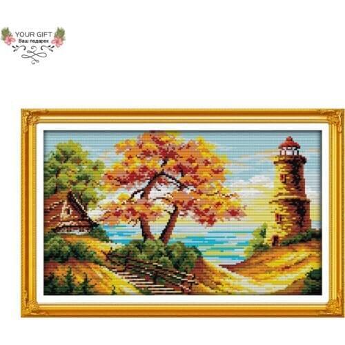 Your Gift F385 14CT 11CT Counted and Stamped Home Decoration The Beach Autumnal Scenery Needlework Embroidery Cross Stitch kits