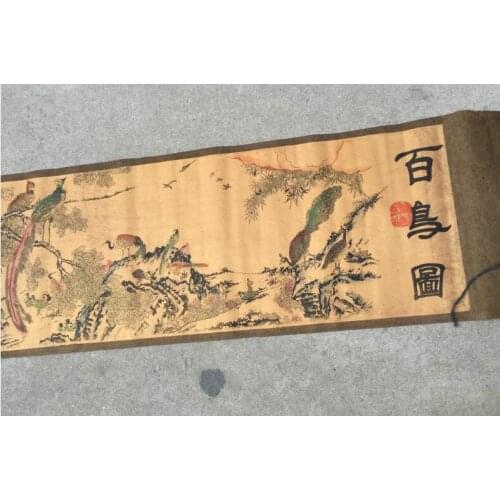 Antique vintage antique calligraphy scroll paintings, decorative painting silk painting birds map