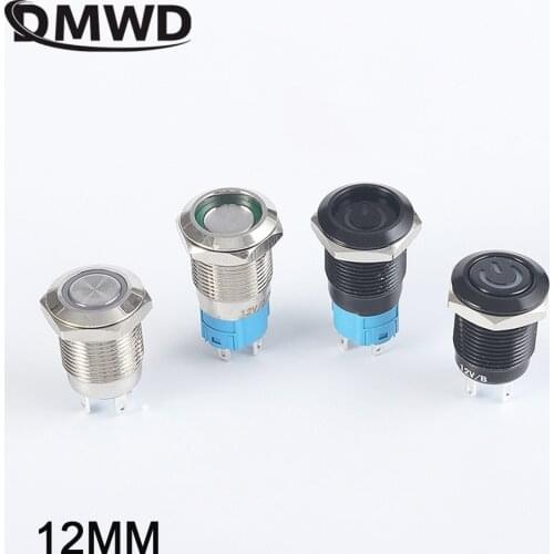 12mm Waterproof Silver Metal Push Button Switch Black Car Horn Auto Switches Ring Power LED Light 3-6v12v220v Momentary