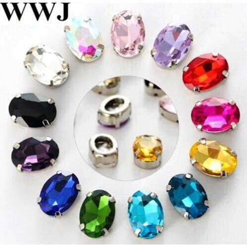 High quality 10x14mm,13x18mm Oavl Shape Glass Stone in Hard strong Open Back Claw Setting With 4Holes for sewing
