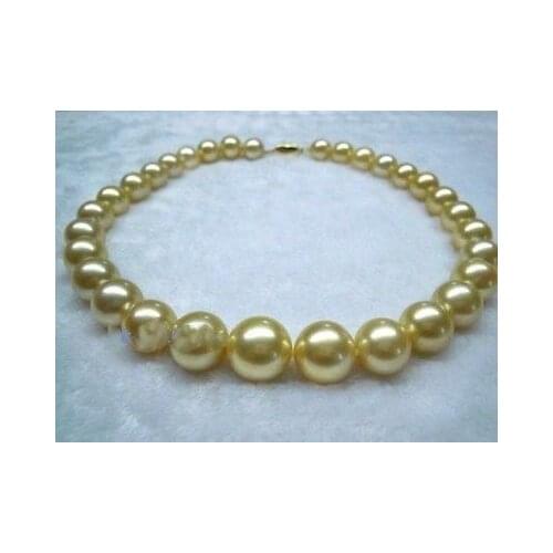 AAAAA 18"11-12mm real NATURAL round south sea yellow GOLDEN pearl necklace 14K
