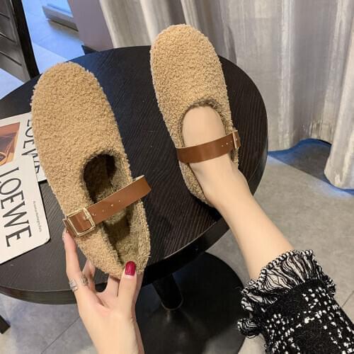 Plush Shoes Womens Winter 2021 Flat Wool Bean Shoes Womens Outerwear to Keep Warm Womens Warm Plush Ballet Flat Shoes