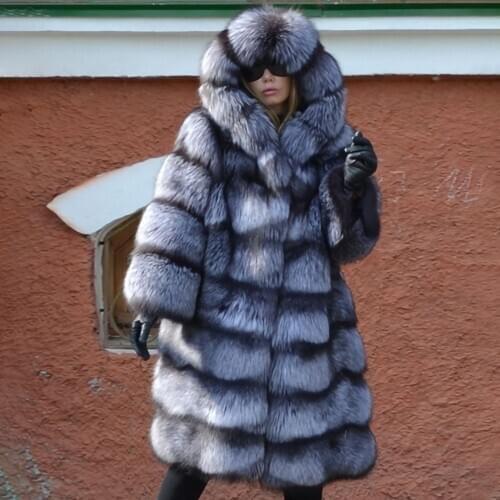 TOPFUR Luxurious fashion Winter Real Fox Fur Coat Women Natural Silver Fox Fur Jacket With Hood Thick Real Fur Plus Size Long