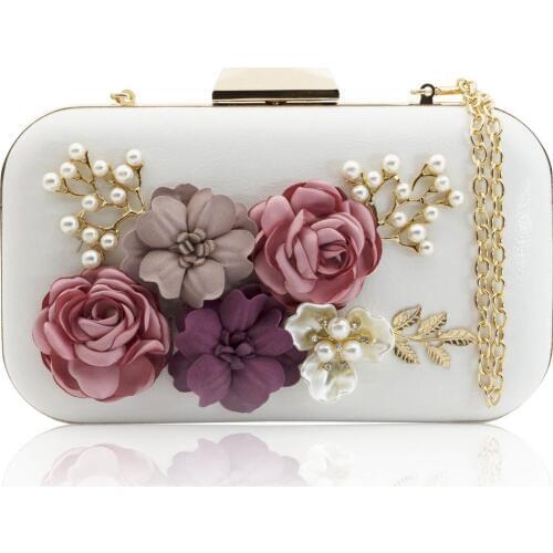 Women Clutches Purses Bags Flower Leather Envelope Pearl Wallet Evening Handbag(white)
