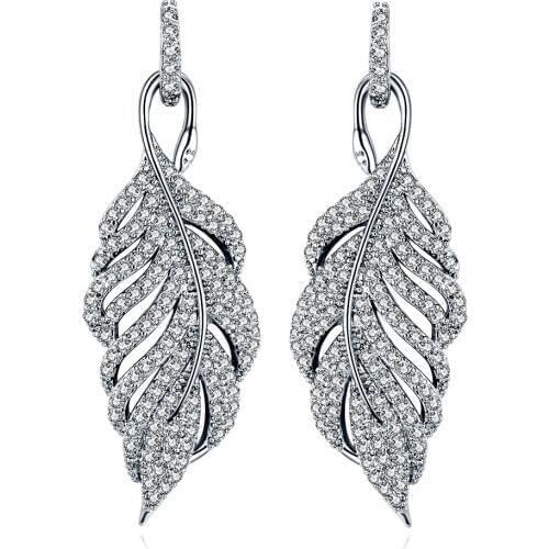 New Arrival Statement Luxurious Big Long Micro Paved CZ Crystal Feather Drop Earrings for Women Bridal Wedding Brincos