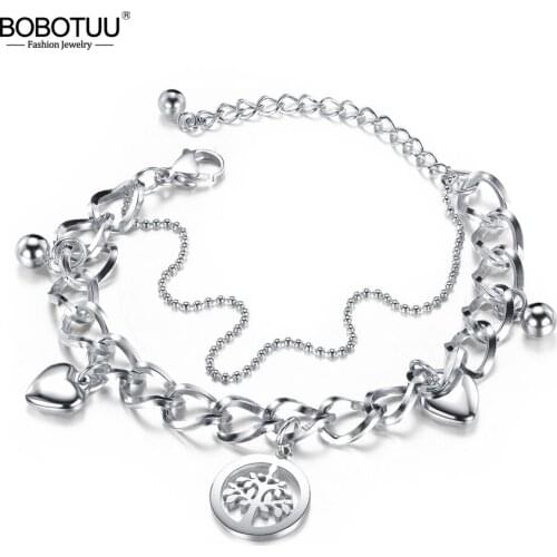 BOBOTUU Trendy Double Layer Stainless Steel Love Heart & Tree Charm Bracelets For Women Girl Bohemia Chain Link Jewelry BB17088