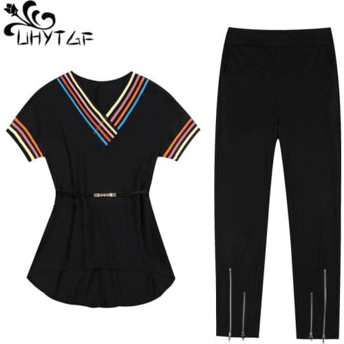 UHYTGF Oversized Suit Womens Stitching Striped V-Neck T-Shirt Summer Two-Piece Set Female Loose Tops+Pants Casual Tracksuit 2061