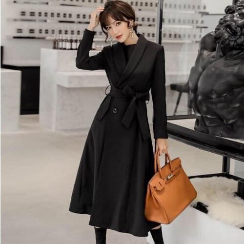 Autumn 2021 New Womens Lapel Trench Coat With Black Belt Ladies Casual Thick Warm Windbreaker Double Breasted Long Outer Coat