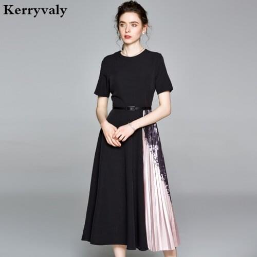 Printed Pleated Splicing Black Office Summer Dress Robe Femme T 2021 Korean High Waist Short-Sleeved Midi Dress with Belt K8609