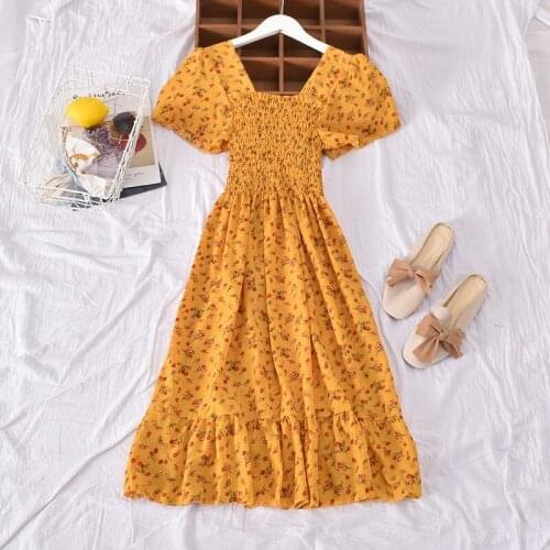 2020 Summer New Women Fashion Short Sleeve Floral Print Slim Chiffon Ruffles Dresses Vestidos Pleated Casual Summer Beach Dress