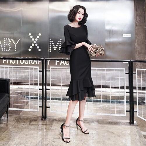 Evening Dresses O-Neck Half Sleeves Elegant Mermaid Knee-length Simple Ruffles Lace Plus size Customized Woman Formal Dress C132