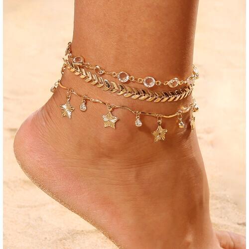 3 Pcs/Set Bohemian Beach Stars Leaf Arrow Round Crystal Pendant Anklets Multilayer Chain Gold Anklet Set Summer Fashion Jewelry
