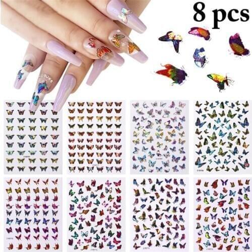 8 Sheets Nail Stickers Colorful 3D Butterfly Waterproof Nail Decals Nail Art Decorations DIY Manicure Nail Decor for Women Girls