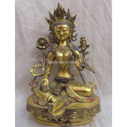 Bi0011685 11" Chinese Bronze Gilt Buddhism GuanYin Joss Tibetan Green Tara Statue