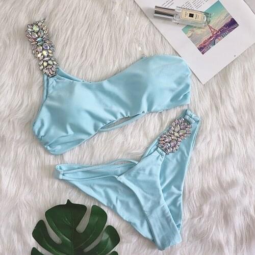 Shiny Diamond Bikini 2021 Sexy Solid One Shoulder High Cut Push Up Swimsuit Female Crystal Bathing Suit Brazilian Thong Swimwear