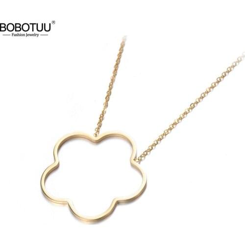 BOBOTUU Trendy Hollow Plum Blossom Pendant Necklaces Jewelry Classic Titanium Steel Choker Necklace For Women Colar BN17049