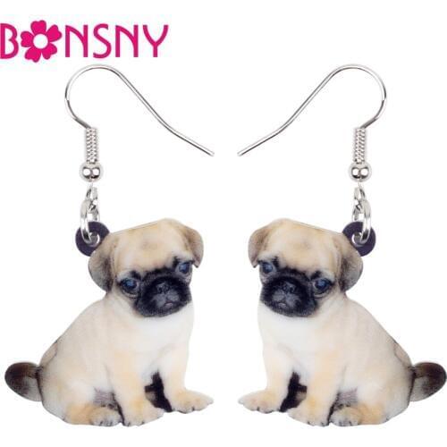Bonsny Acrylic Sweet Tiny Puppy Pug Dog Earrings Dangle Drop New Fashion Cartoon Animal Jewelry For Women Girls Teens Pet Lovers