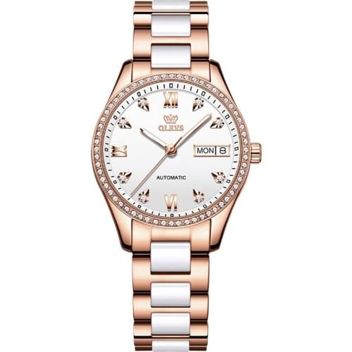 OLEVS Brand Diamond Watch Fashion Automatic Mechanical Watch Waterproof Luminous Ceramic Strap Ladies Watch