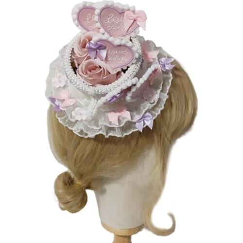 Lolita Headdress Gorgeous Heart Shape Hat Cute Bows Ruffle Lace Sweet Kawaii Bowknot Hairpin Anime Cosplay Headpiece