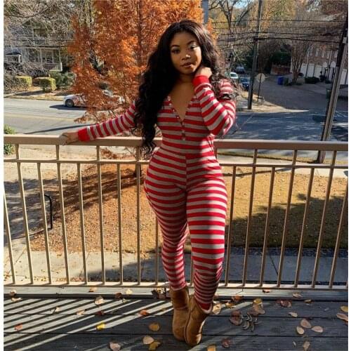 HIRIGIN Striped V-neck Buttons Up Sexy Romper Women Long Sleeve Jumpsuits Autumn Pattern Print Sleepwear Back Flap Streetwear