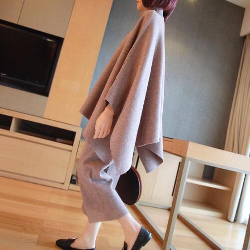 Two Piece Pants Set Women Suit Knitted Wide Leg Pants+Turtleneck Sweater Cloak Vintage Elegant Woman Pants And Blouse Set AA5270