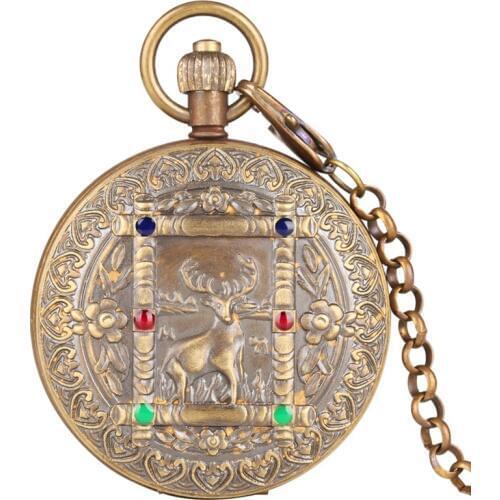 Pure Copper Elk Deer Flower Design Tourbillon Phase Sun Mechanical Pocket Watch Vintage Same Double Full Hunter Watch with Chain