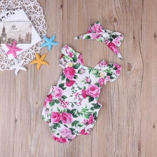 Cute Floral Romper 2pcs Baby Girls Clothes Jumpsuit Romper + Headband 0-24M Age Infant Toddler Newborn Outfits Set Hot Sale